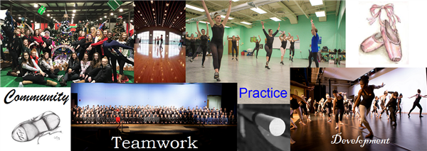 Community, Teamwork, Practice, Development - collage of dance/exercise teams and experiences